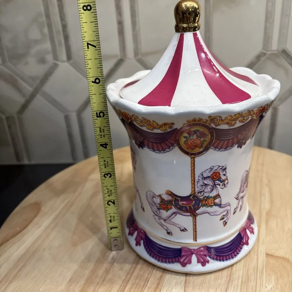 Vtg 1982 Teleflora Ceramic canister musical carousel horse design 8